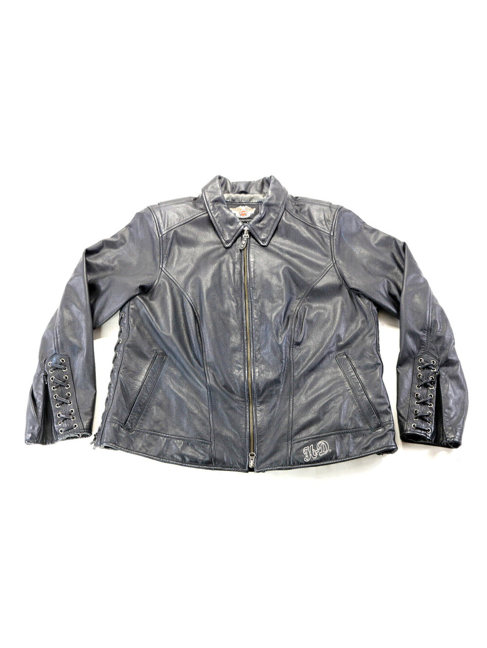 harley davidson jacket 1W black leather plus size soft zip snap lace wide eagle